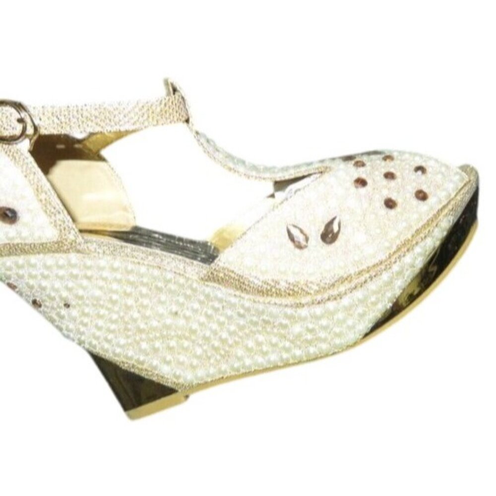 Rhinestone Pearl Embellished Metallic Gold Platform T strap Wedges sz 38 - Picture 6 of 10